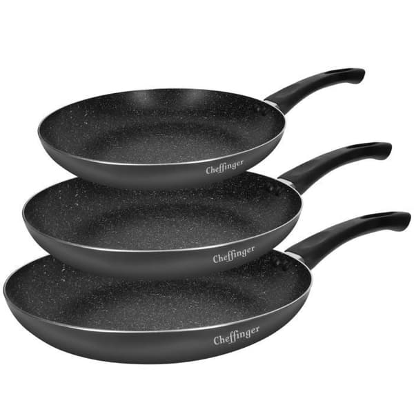 Trio av stekpannor 20 / 24 / 28 cm Marmor belagd med Soft Grip Handtag Cheffinger Black