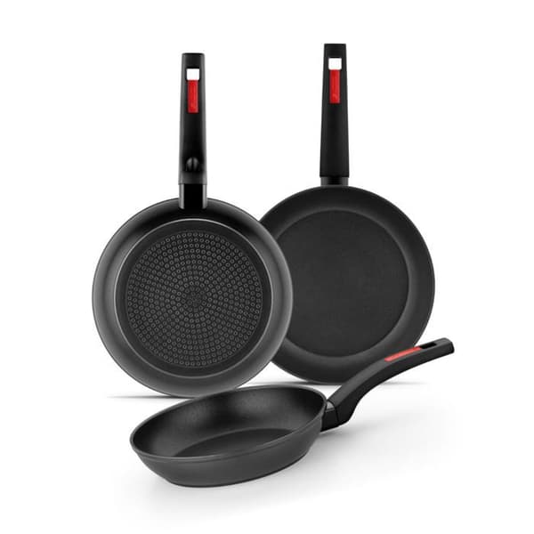 MONIX Sunset | Set med 3 stekpannor 18-22-26 cm i smitt aluminium, non-stick, med bakelit-handtag, alla typer av värmekällor inklusive induktion