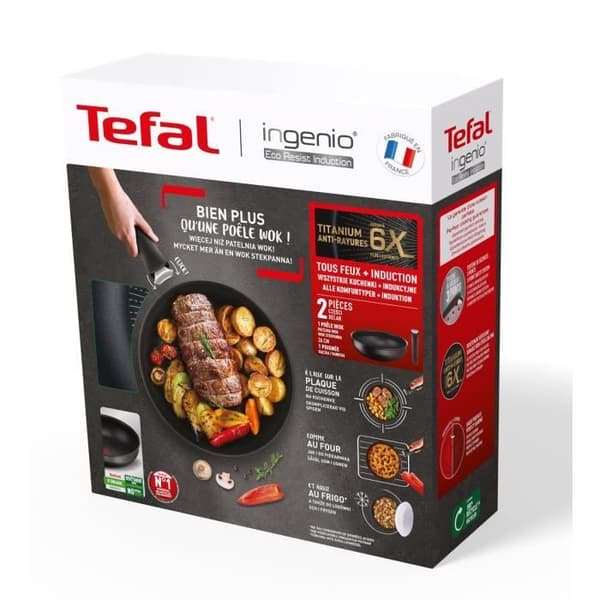 TEFAL INGENIO L3979302 Wokpanna 26 cm + avtagbart handtag, Induktion, Säker non-stick beläggning, Tillverkad i Frankrike, Eco Resist