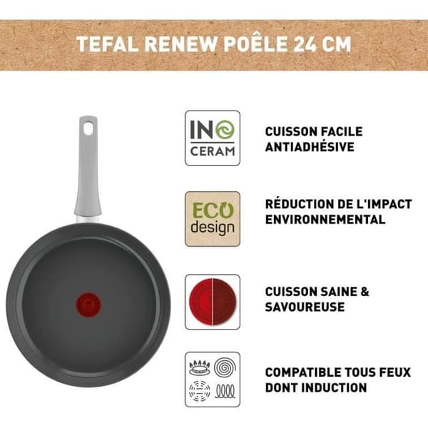 TEFAL Renew Stekpanna 24 cm, Keramisk non-stick beläggning, Induktion, Thermo-Signal matlagningsindikator, Ekodesign, Matlagning