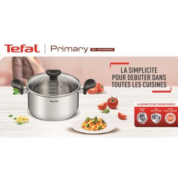 TEFAL E3084604 Gryta 24 cm (5 L) + glaslock, Induktion, Högkvalitativt rostfritt stål, 10 års garanti, Simmer, Primär