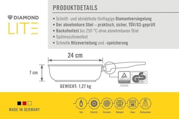 Woll stekpanna - 1724DPS - Diamond Lite randpfanne High, Gjutjärn 24 cm, Höjd: 7 cm, 5 l med avtagbart handtag
