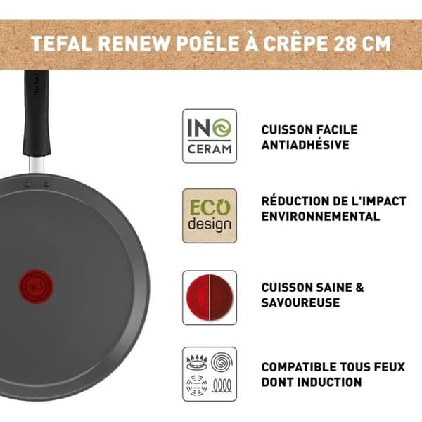 Tefal Stekpanna för crepes 28 cm Keramisk beläggning Ekodesign Återvunnen Hälsosam matlagning Thermo-Signal Tillverkad i Frankrike Renew C4253913