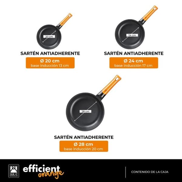 BRA Efficient Orange | Set med 3 Stekpannor 20-24-28 cm, Aluminiumgjutning med Platinum Plus Non-stick beläggning utan PFOA, Kompatibel