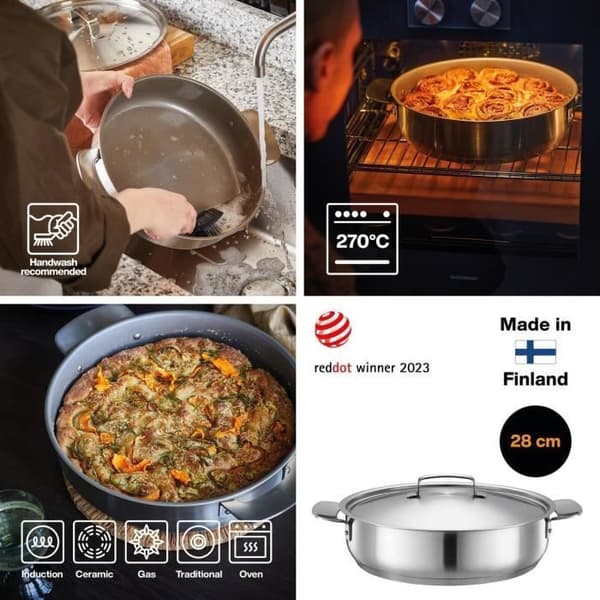 Sauteuse Fiskars med Lock, Ø 28 cm, All Steel, Silverfärgad, 1064749