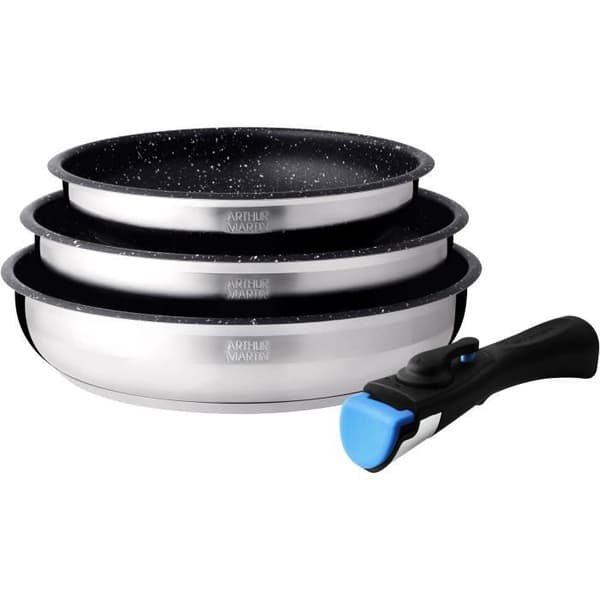 Set med 3 stekpannor - Arthur Martin - AM2196 - 20-24-26 cm - Rostfritt stål - Avtagbart handtag - Alla värmekällor inklusive induktion