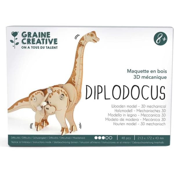 3D mekanisk trämodell - Diplodocus - Modellering - Vit - Barn - 48 delar