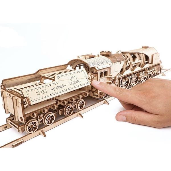 Trämodell - UGEARS - V-Express Steam Train med spännare - 538 delar - Beige