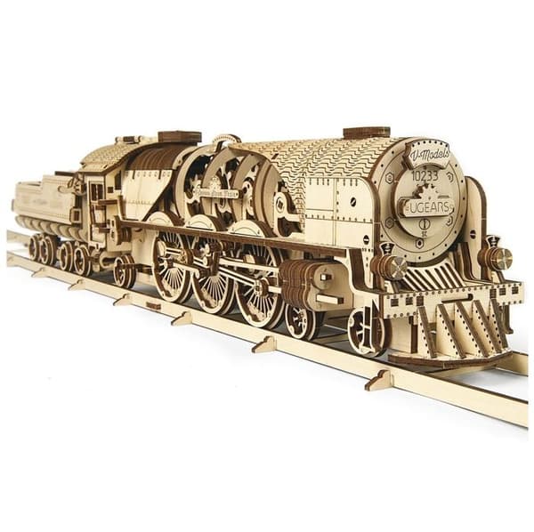 Trämodell - UGEARS - V-Express Steam Train med spännare - 538 delar - Beige