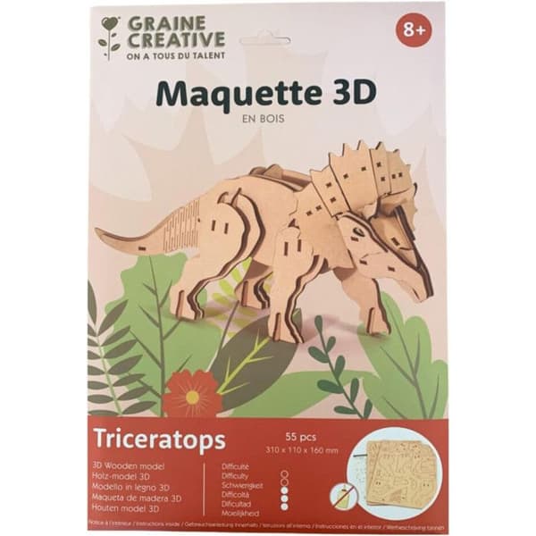 3D-modell i trä - Triceratops - 55 delar - 31 x 11 x 16 cm - För barn från 8 år