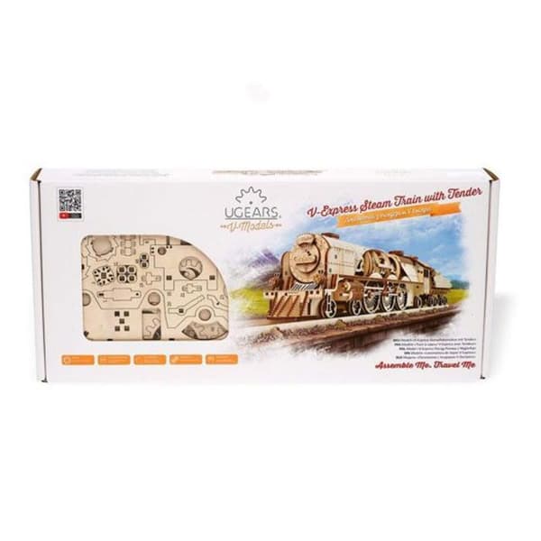 Trämodell - UGEARS - V-Express Steam Train med spännare - 538 delar - Beige