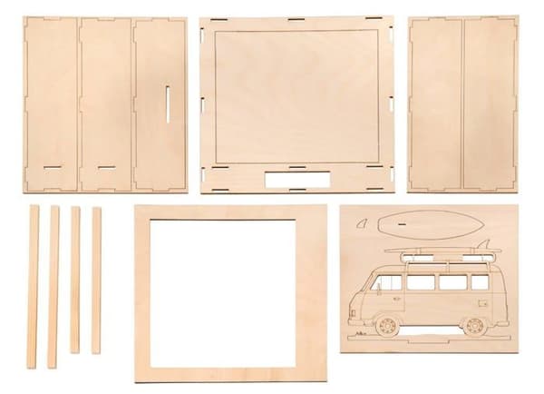 Rayher - 64512505 - Kit i trä Camping-Bil FSC Mix Credit 24x24x6,5cm 13 delar natur, Brun, En storlek