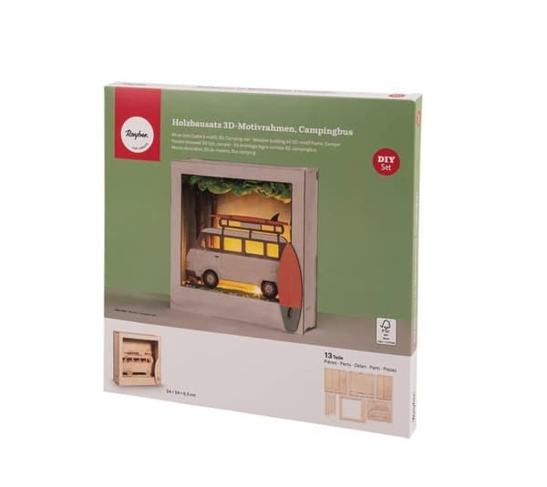 Rayher - 64512505 - Kit i trä Camping-Bil FSC Mix Credit 24x24x6,5cm 13 delar natur, Brun, En storlek