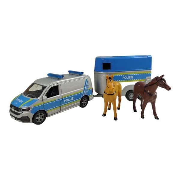 Barnglob - 520359 - VW Transporter Polis med hästtrailer Die Cast Pull Back 28 cm, Lek för Barn