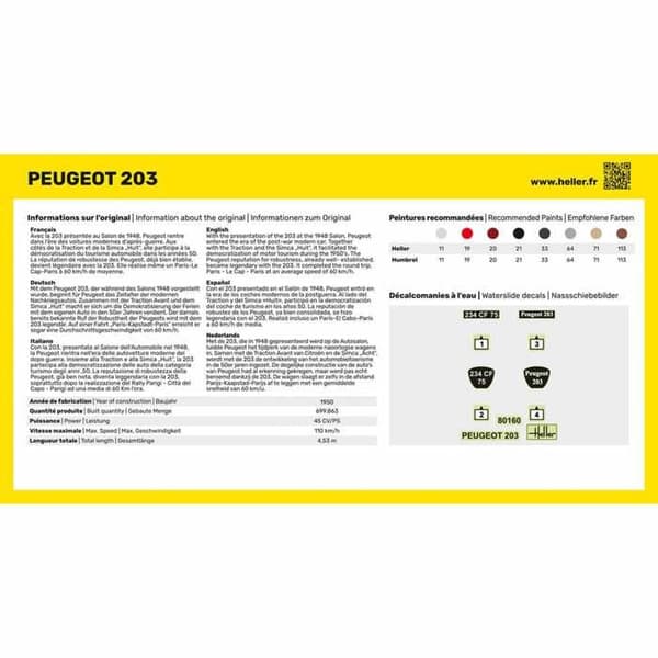 Peugeot 203 CLASSIC HELLER modellsats - Skala 1/43 - Röd plast