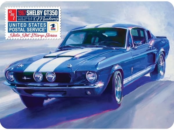 Plastmodel - Bil 1967 Shelby GT350 USPS Stamp Series 1:25 - sæt i en metalkasse!