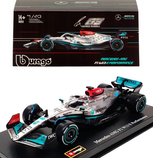 F1 bil Mercedes W13 63 Russell KASK BBurago 1:43