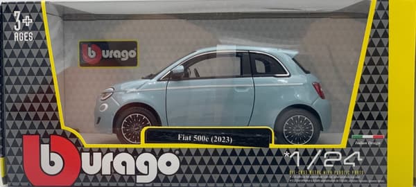 Fiat 500e 2023 blå 1:24 metalmodel Bburago 21110