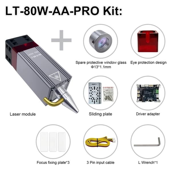 Lasermodul, 10W Optisk Effekt, Luftassisteret Metaldyse, 24V, LT-80W-AA-PRO KIT