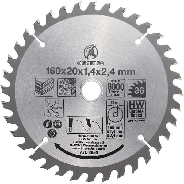 Cirkelsågblad - BGS technic - Kraftmann - Ø 160 mm - 20 mm hål - 36 tänder