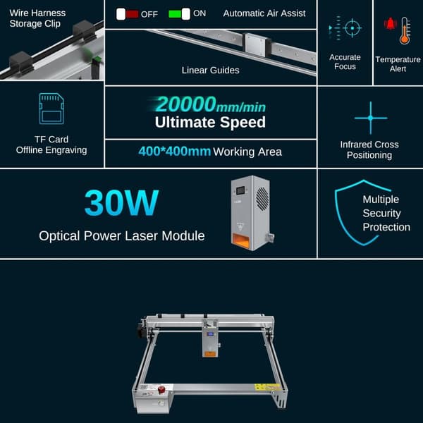 20000mm/min lasergraveringsmaskin med 30W lasermodul och luftpump, 400X400mm arbetsyta, flera säkerhetsskydd