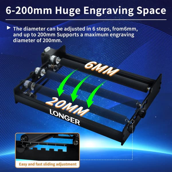 Laser Rotationsrulle, Justerbar Diameter 6-200mm, 360-Graders Gravering, Plug-and-Play Opsætning