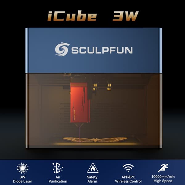 Sculpfun iCube Lasergraver, Ultra-Fin 0,02 mm Laserprik, Højhastighed 10.000 mm/min Gravering,5W