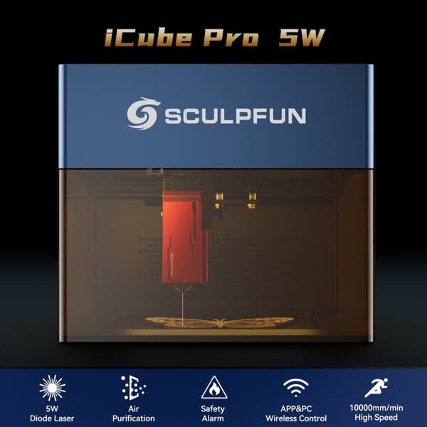 Sculpfun iCube Pro Lasergravyr, 5W Effekt, Temperaturalarm, Rökfilter