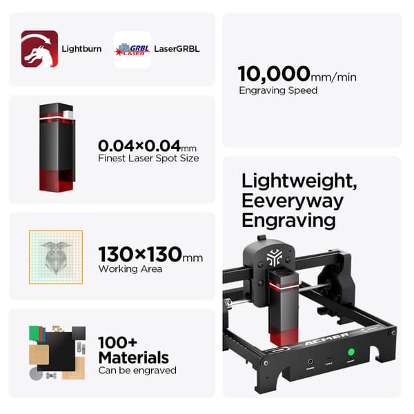 ACMER S1 -laserveistäjä, 3,5 W laserteho, 130 mm x 130 mm kaiverrusalue, säädettävä kaiverrusnopeus