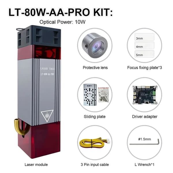 Laserkaiverrusmoduuli, 10W optinen teho, 3 tarkennuslevyä,12V laserpää, LT-80W-AA-PRO-KIT