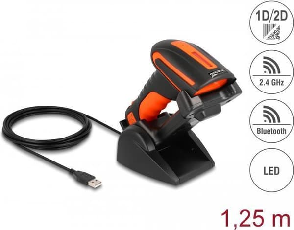 Delock Industrial Barcode Scanner 1D ja 2D 2,4 GHz tai Bluetooth induktiivisella latausasemalla (90556)