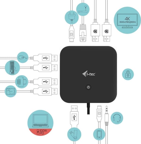 i-tec USB-C dockningsstation för två skärmar med 100 W effekt