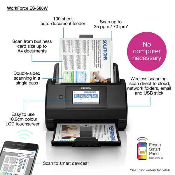 Epson WorkForce ES-580W arkføderscanner 600 x 600 DPI A4 Sort
