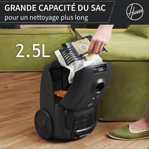 HOOVER HE1 - Kompakti ja tehokas pölypussillinen sylinteripölynimuri - Suuri 2,5 litran tilavuus - Tehokas koville lattioille ja matoille