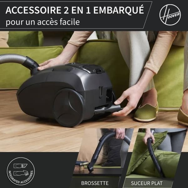 HOOVER HE1 - Kompakti ja tehokas pölypussillinen sylinteripölynimuri - Suuri 2,5 litran tilavuus - Tehokas koville lattioille ja matoille