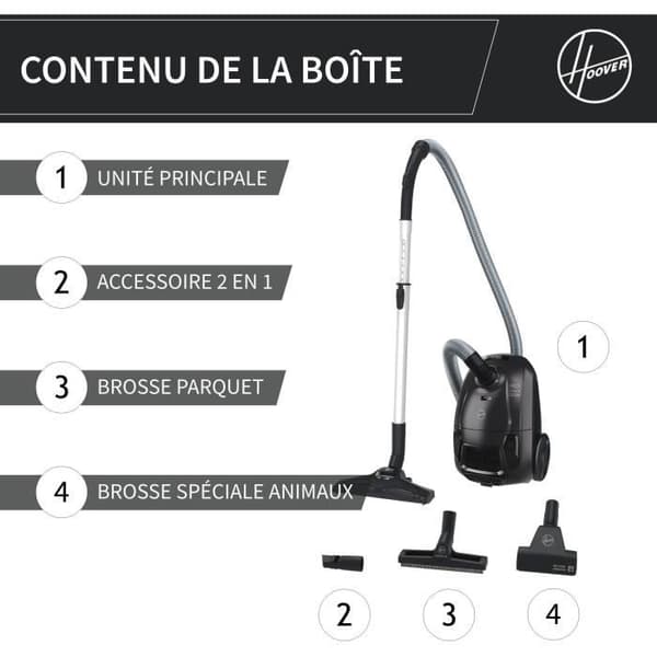 HOOVER HE1 - Kompakti ja tehokas pölypussillinen sylinteripölynimuri - Suuri 2,5 litran tilavuus - Tehokas koville lattioille ja matoille