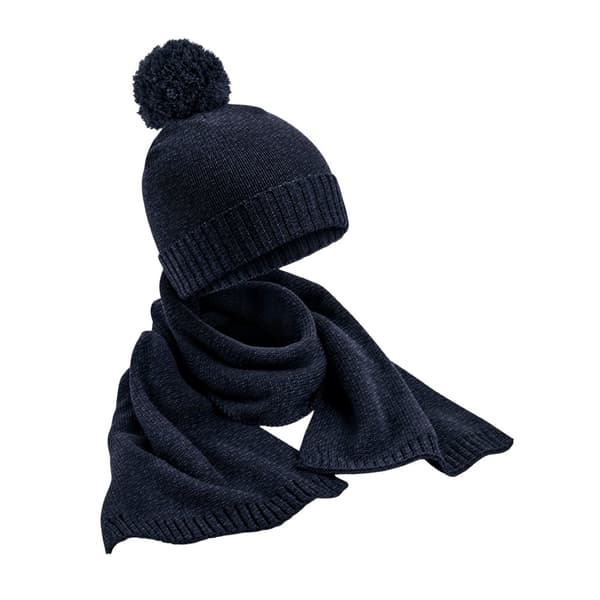 Beechfield Unisex Adult Flecked Knitted Hat And Scarf Set Navy One Size