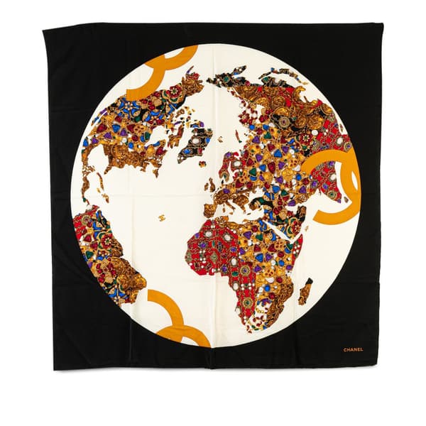 Pre-owned Chanel Gripoix Globe Silk Scarf White