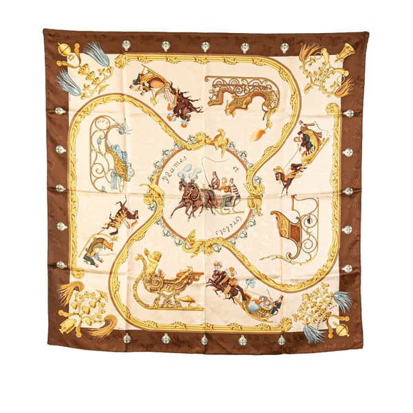 Pre-owned Hermès Plumes Et Grelots Silk Scarf Brown