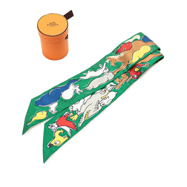 Pre-owned Hermès Mille et Un Lapins Silk Twilly Scarf Green