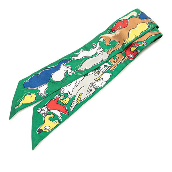 Pre-owned Hermès Mille et Un Lapins Silk Twilly Scarf Green