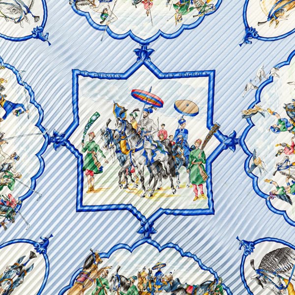 Pre-owned Hermès Les Chevaux des Moghols Pleated Silk Scarf Blue