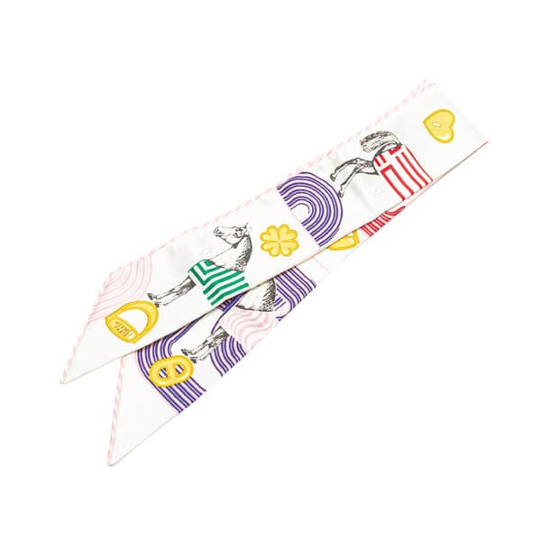 Pre-owned Hermès Garde Robe Pop Charms Twilly Silk Scarf White