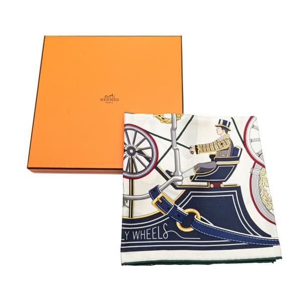 Pre-owned Hermès Stately Wheels Silk Scarf White