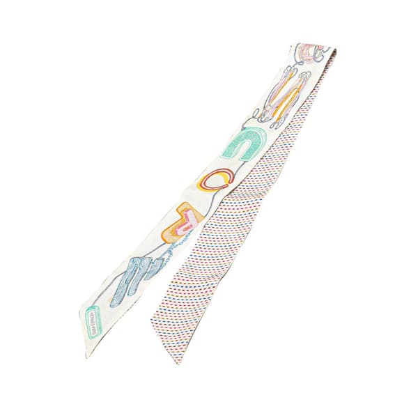 Pre-owned Hermès Chevaloscope Neon Embroidered Silk Twilly Scarf White