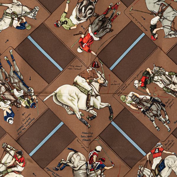 Pre-owned Hermès Le Monde du Polo Pocket Square Silk Scarf Brown