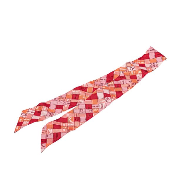 Pre-owned Hermès Bolduc Au Carre Silk Twilly Scarf Pink