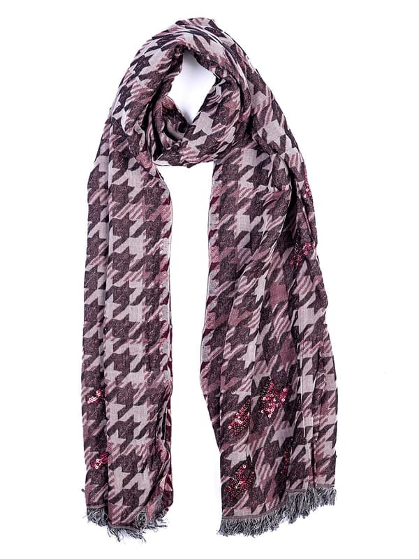 Naisten ohut jacquard-huivi, viininpunainen, Passigatti, houndstooth-kuviolla