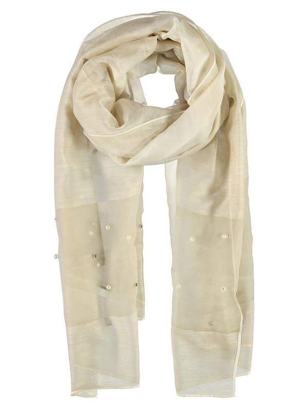 Naisten helmikoristeinen huivi, beige, Passigatti