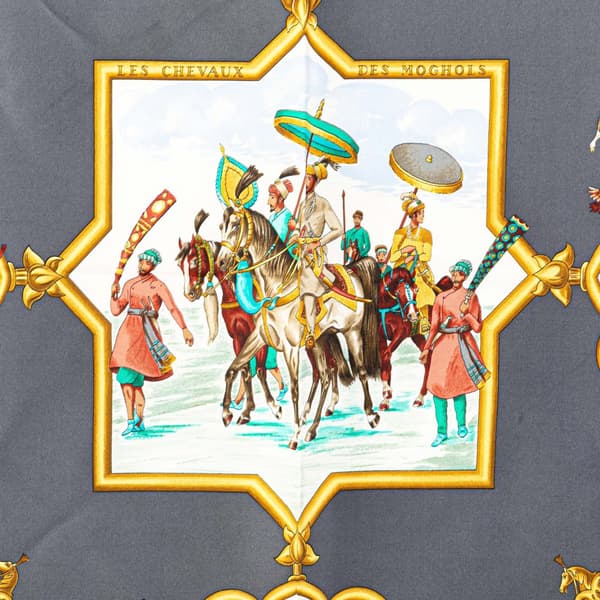 Pre-owned Hermès Les Chevaux des Moghols Silk Scarf Blue